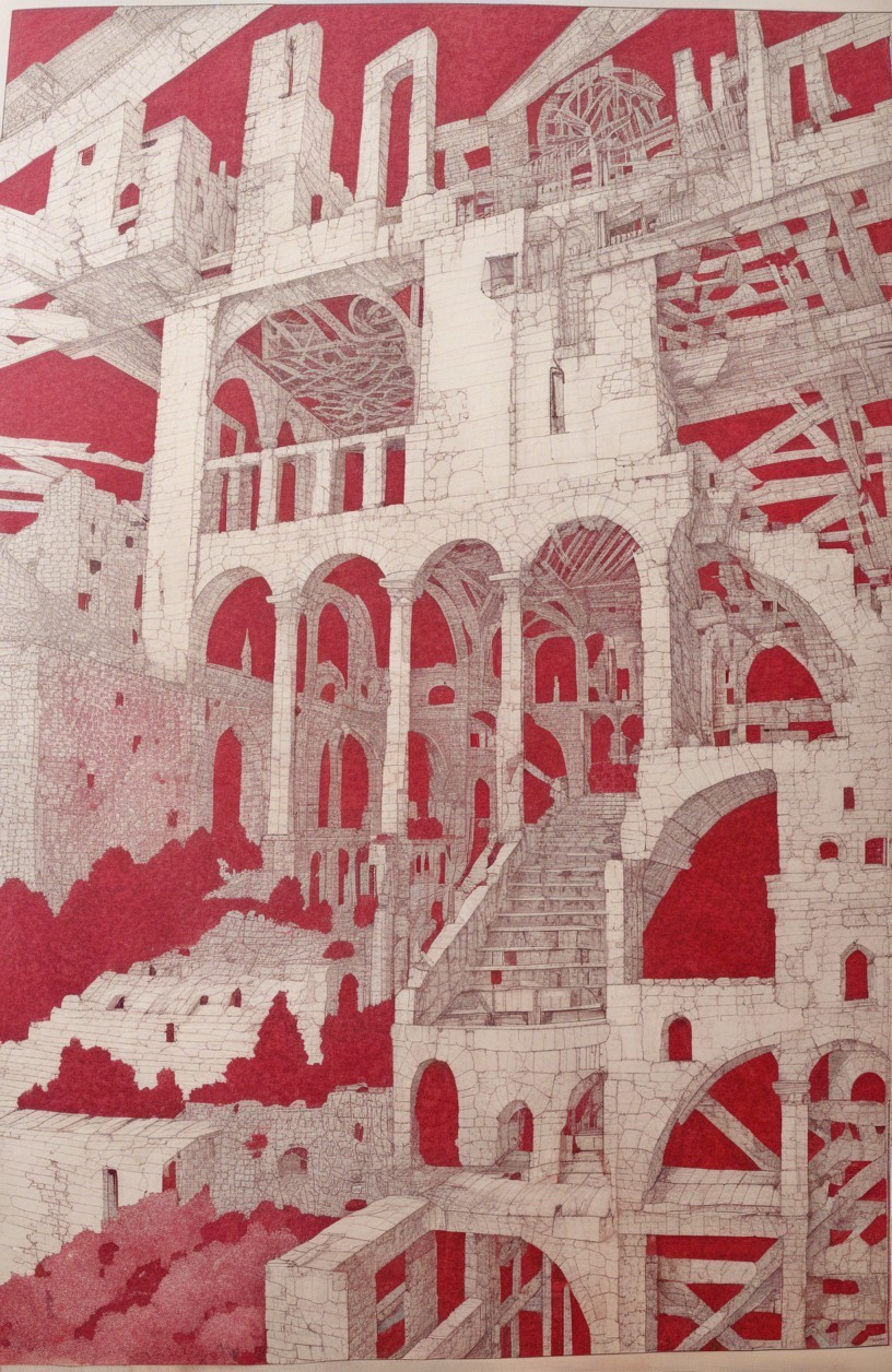 Fragmented Architectural Illustration on Red Background