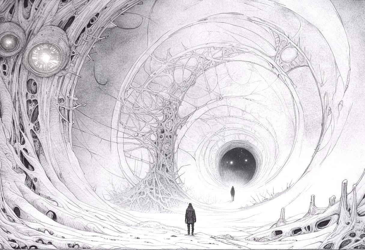 Surreal Landscape with Twisting Trees and Vortex