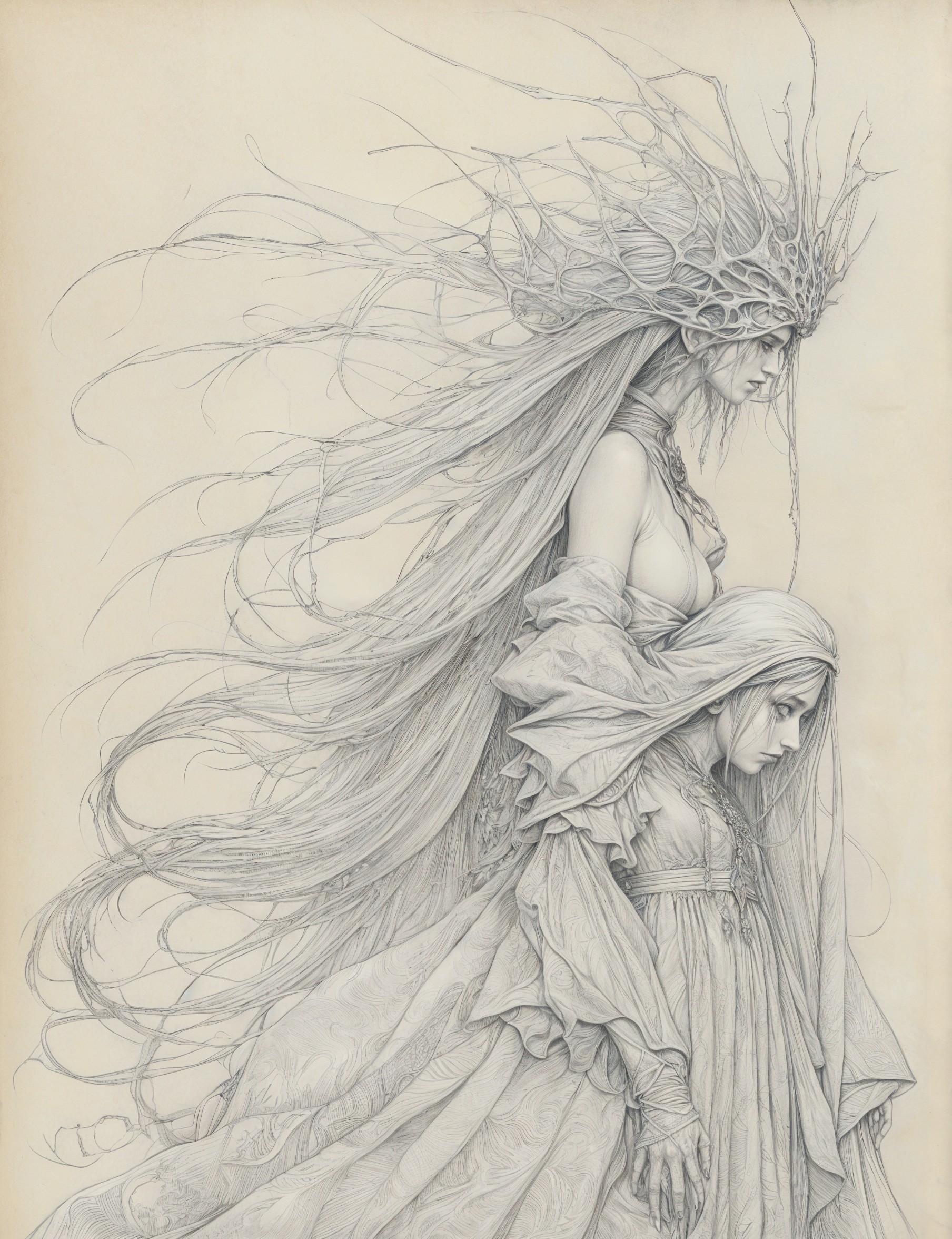 Ethereal Figures in Flowing Garments and Mystical Details