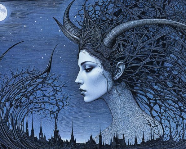 Blue-Toned Illustration of a Mystical Woman with Horns