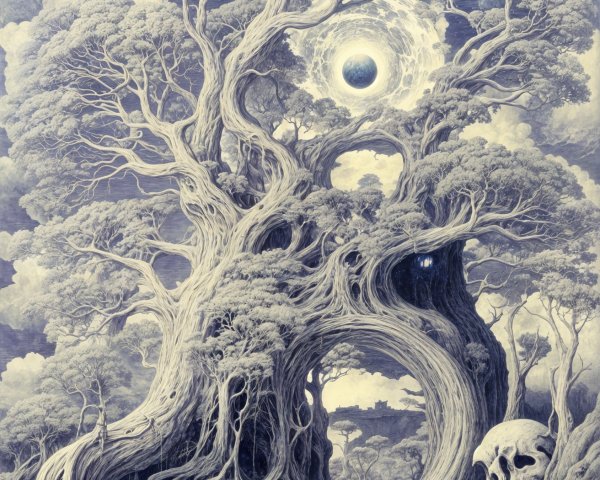 Mystical tree with celestial scene and serene landscape