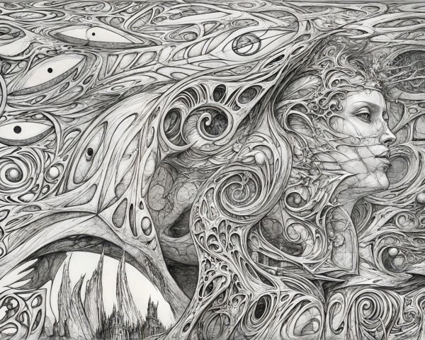 Surreal Artwork with Organic Shapes and Cosmic Elements