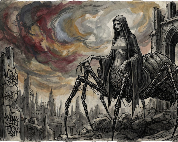Woman-Spider Hybrid in Apocalyptic City Illustration
