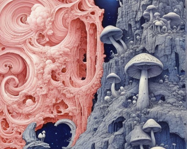 Surreal landscape with mountains and oversized mushrooms