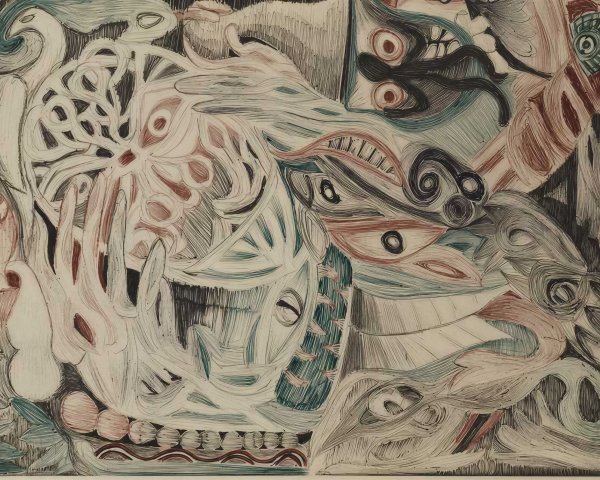 Intricate Abstract Linocut Print with Organic Shapes