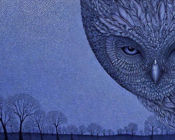 Intricate Owl Artwork in Blue with Twilight Background