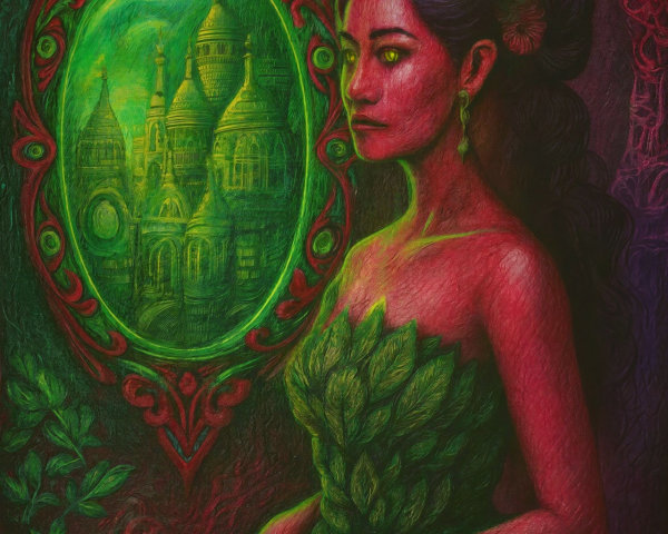 Surreal Painting of Woman with Red Skin and Castle