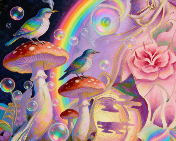 Psychedelic Surrealist Oil Painting of Dreamscape Birds