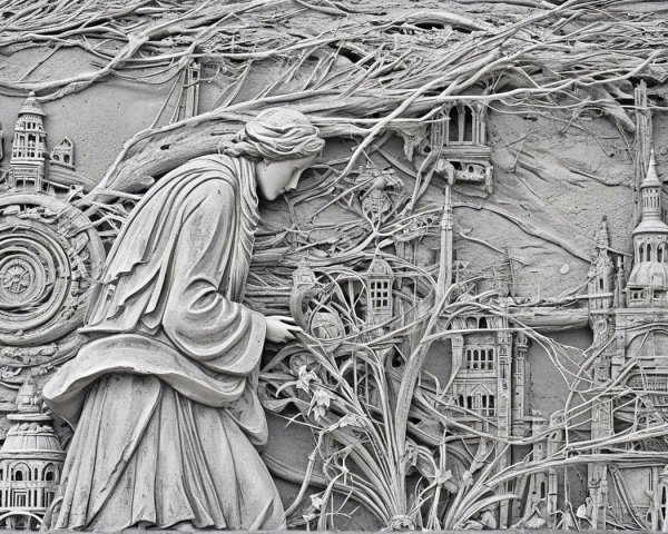 Relief Sculpture of Woman with Flower and Architecture