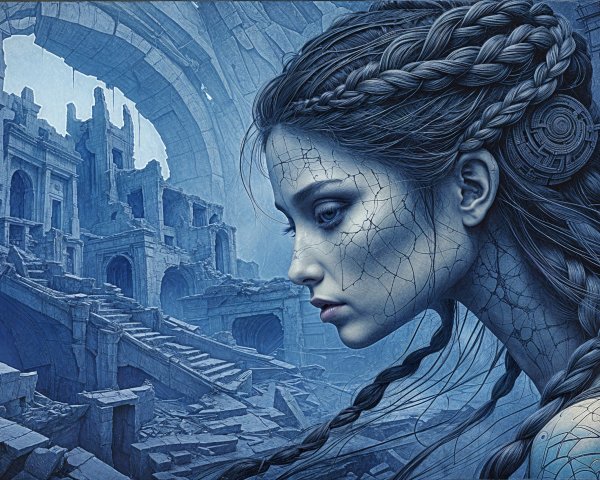 Woman with Braids in a Dystopian Landscape