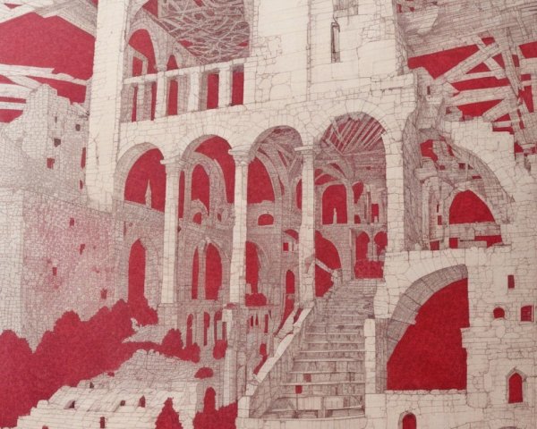 Fragmented Architectural Illustration on Red Background