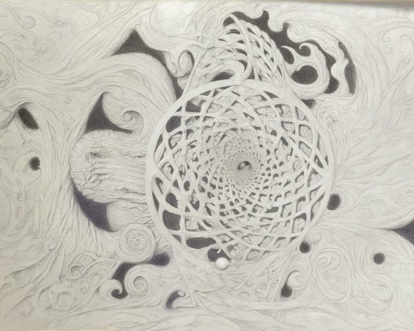 Surreal drawing with swirling organic shapes and patterns