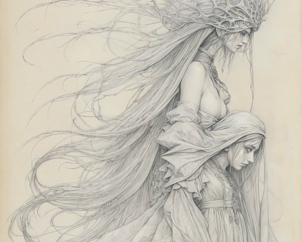 Ethereal Figures in Flowing Garments and Mystical Details