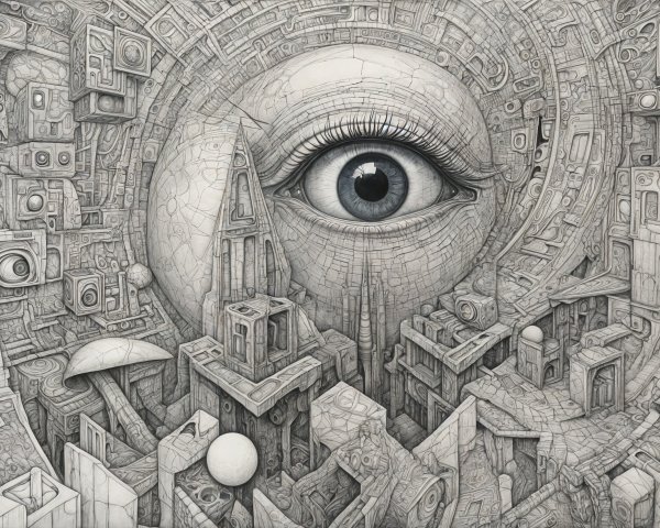 Surreal Black-and-White Composition with Eye and Shapes