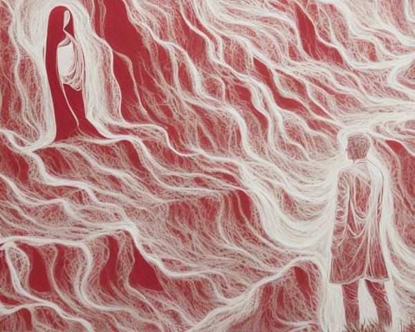 Surreal Artwork with Red Background and White Lines