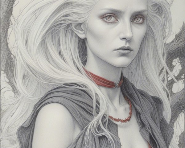 Pale Woman with White Hair and Red Bird in Dark Outfit