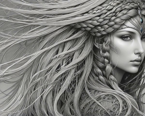 Monochromatic Illustration of a Woman with Braided Hair
