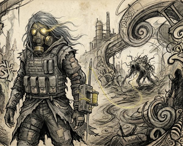 Post-Apocalyptic Figure with Gas Mask and Gothic Ruins