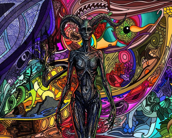 Psychedelic Ink Drawing of a Skeletal Demon Woman