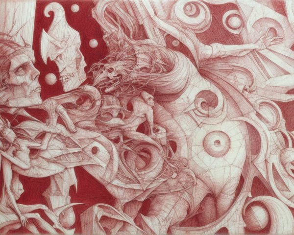 Abstract Artwork with Swirling Lines and Figures