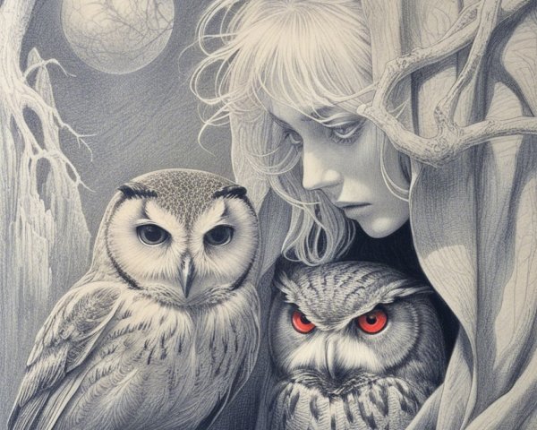 Mysterious Woman in Cloak Among Trees and Owls