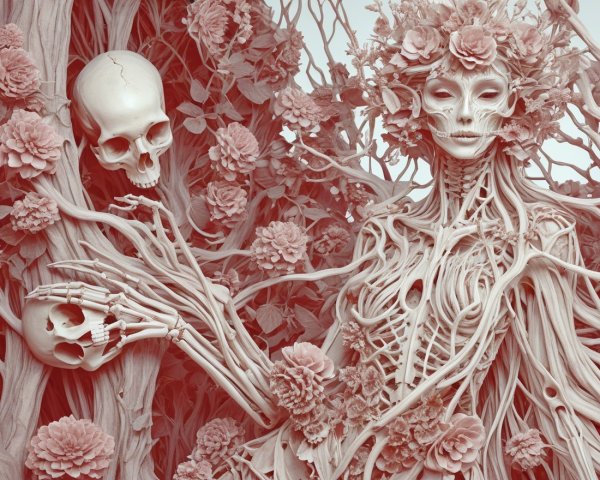 Surreal Image of Skeletal Tree and Floral Motif