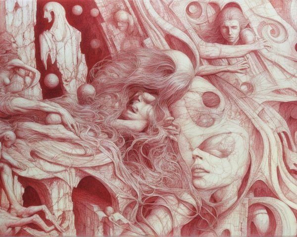 Surreal Artwork with Flowing Forms and Human Figures