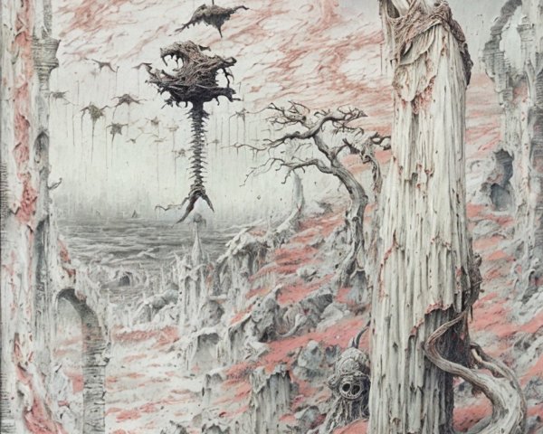 Surreal Landscape with Ethereal Figure and Eerie Elements