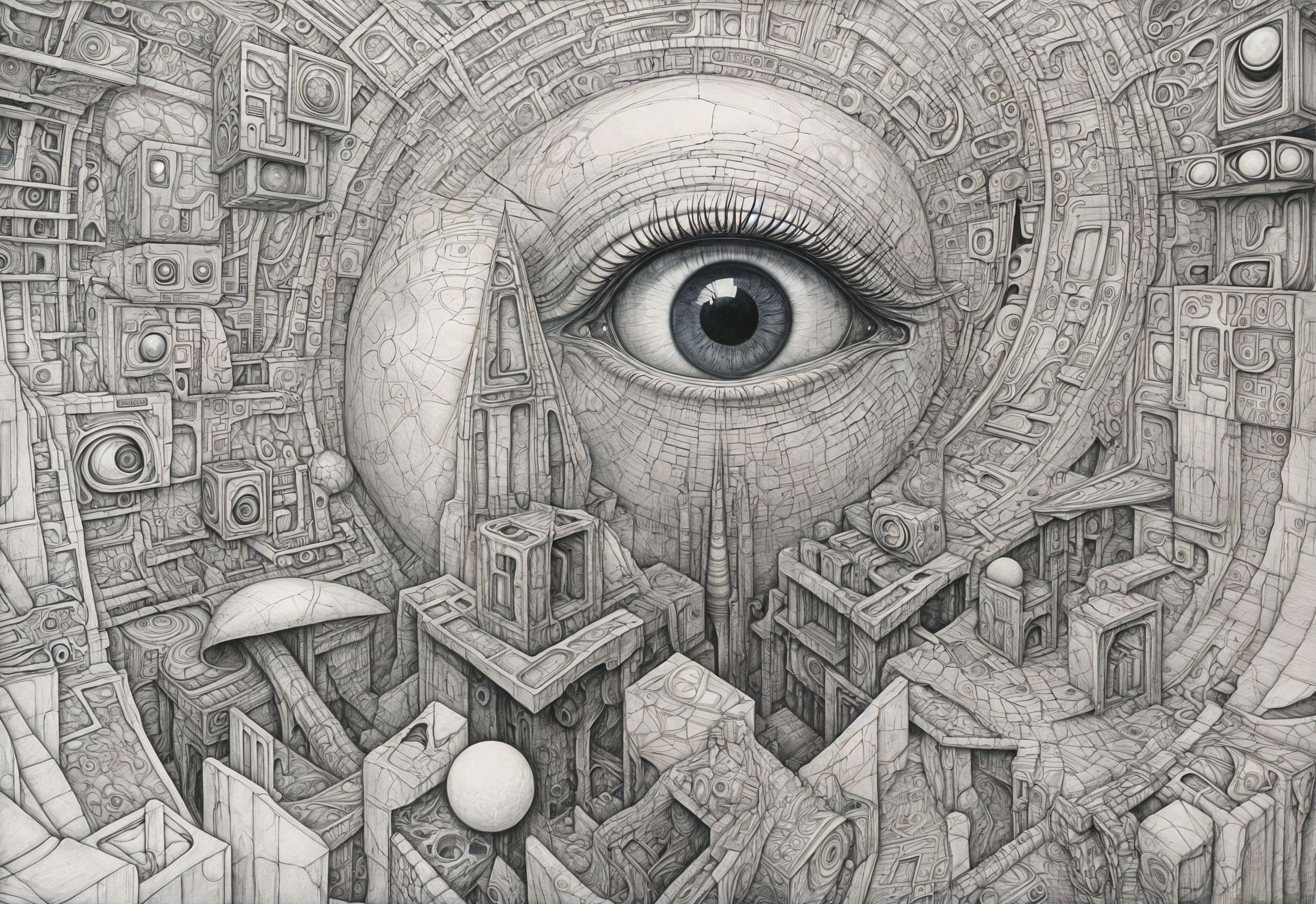 Surreal Black-and-White Composition with Eye and Shapes