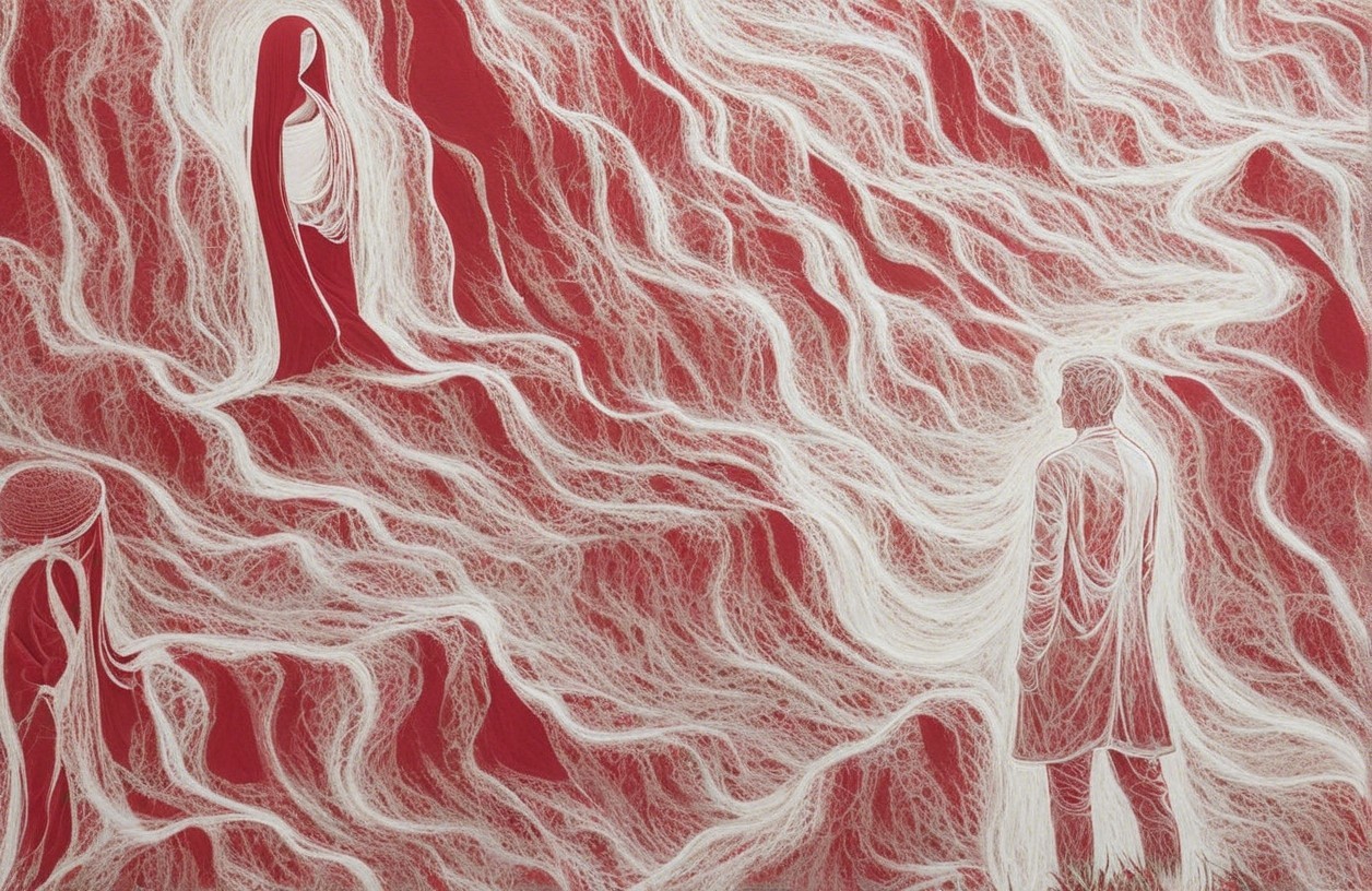 Surreal Artwork with Red Background and White Lines