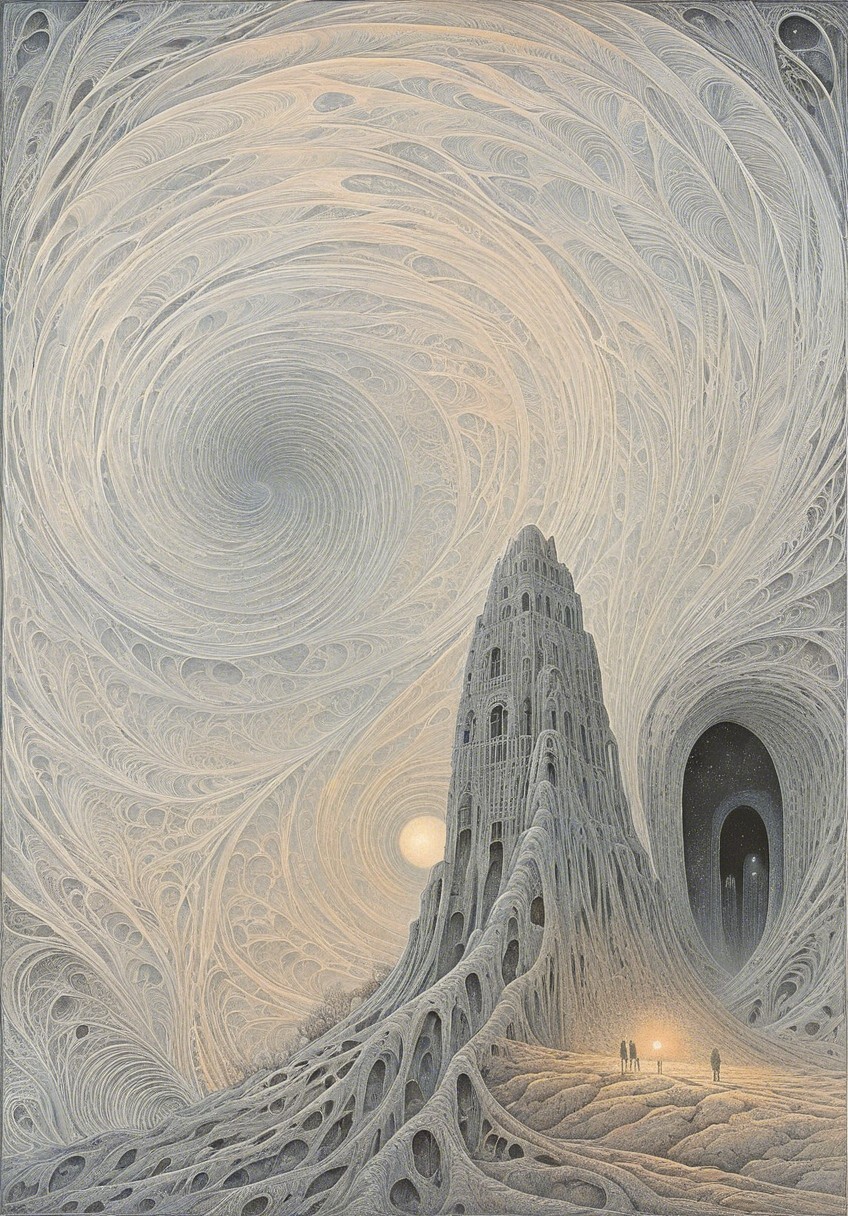 Surreal Landscape with Tower and Tiny Figures