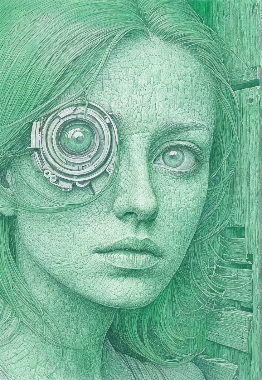Futuristic Woman with Green Skin and Mechanical Eye