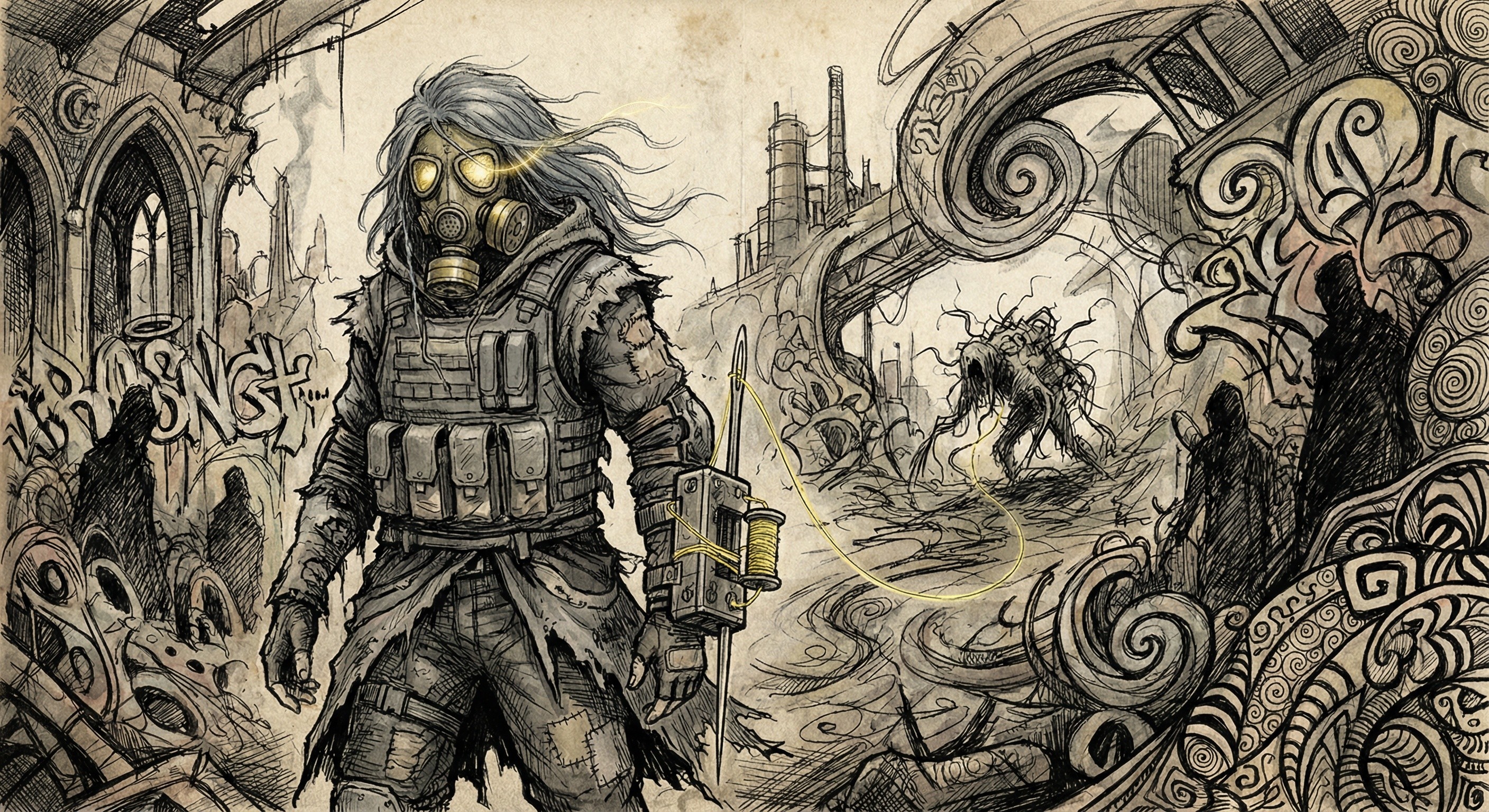 Post-Apocalyptic Figure with Gas Mask and Gothic Ruins