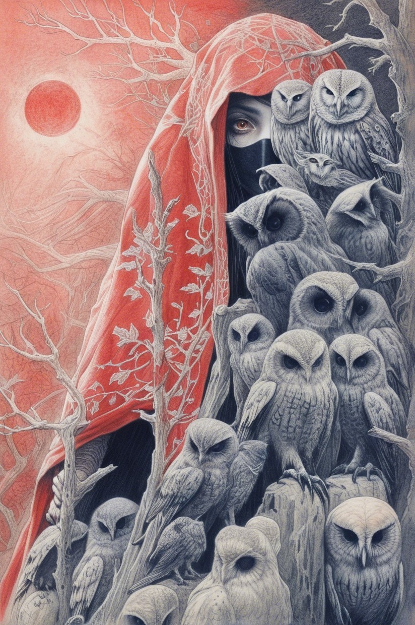 Mysterious figure in red cloak among owls at night