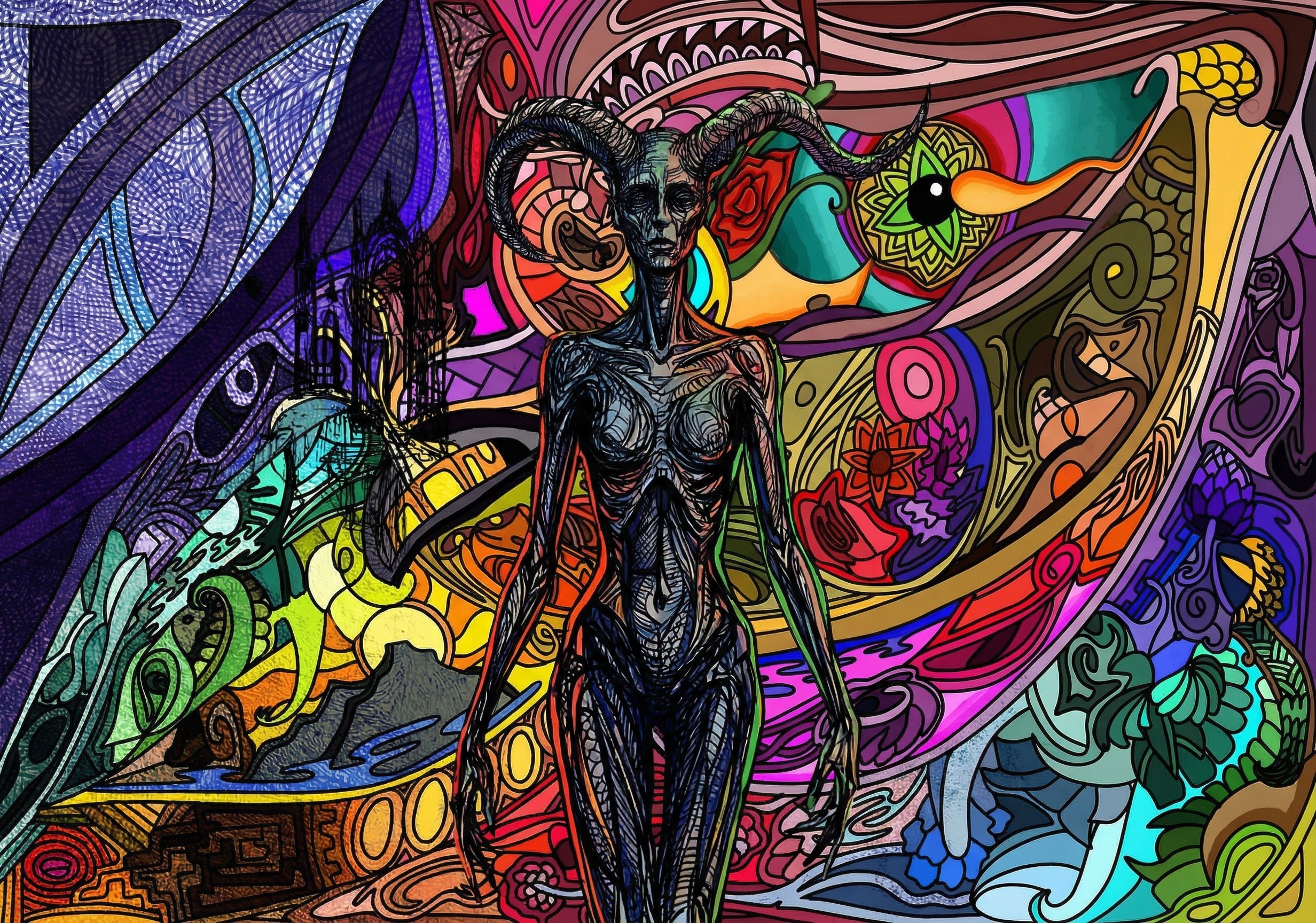 Psychedelic Ink Drawing of a Skeletal Demon Woman