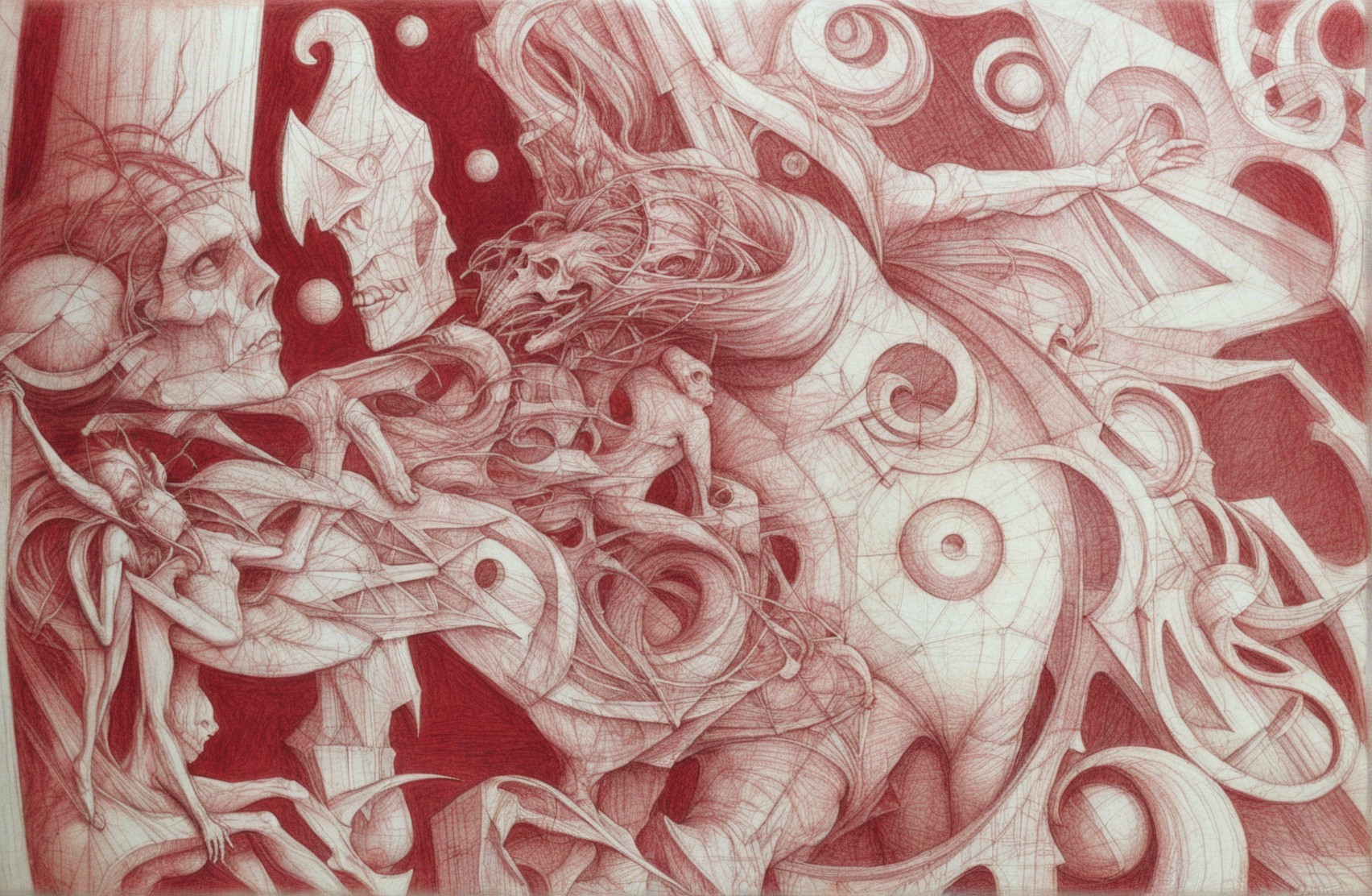 Abstract Artwork with Swirling Lines and Figures