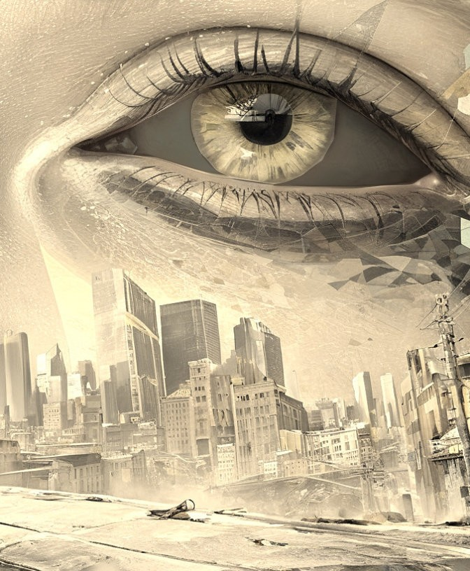 Surreal Landscape with Giant Eye and Urban Cityscape