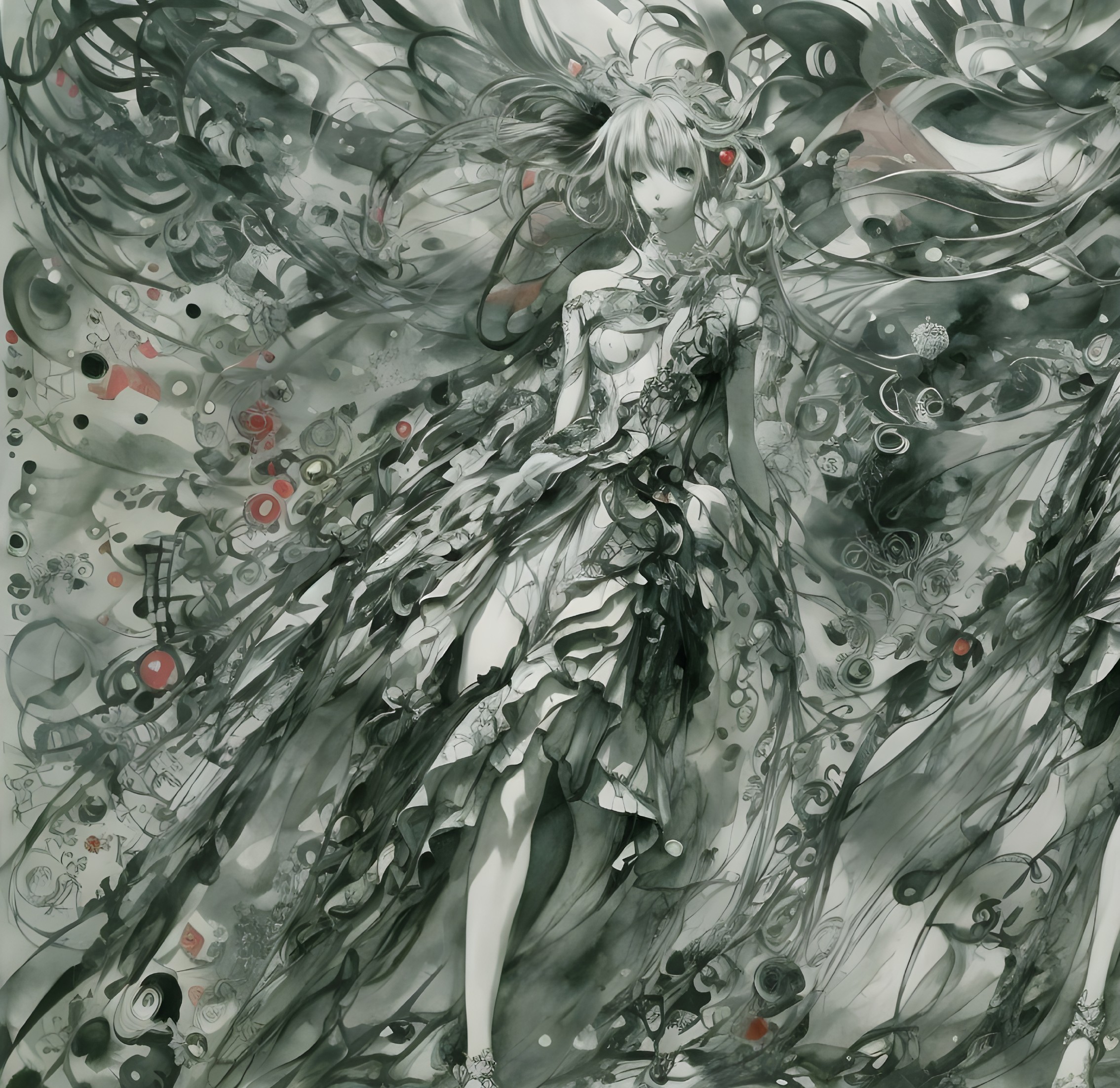 Graceful figure in swirling green tapestry design