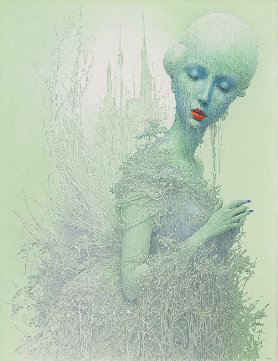Ethereal Figure with Blue Complexion in Misty Landscape
