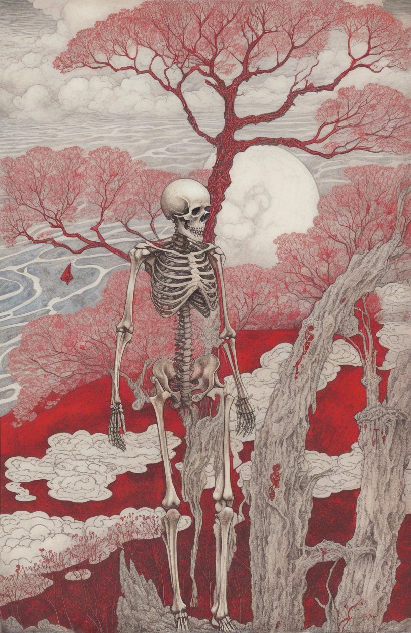 Skeletal Figure in Surreal Landscape with Red Trees