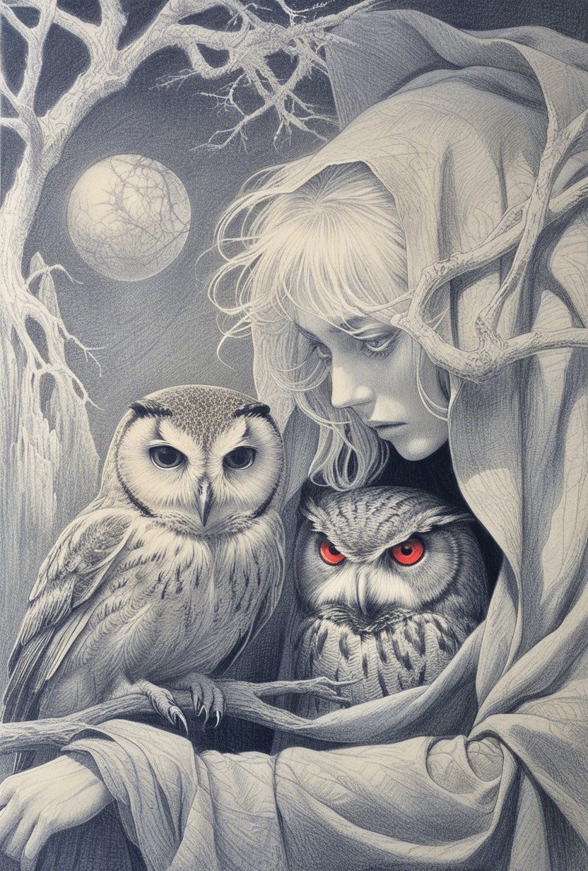 Mysterious Woman in Cloak Among Trees and Owls