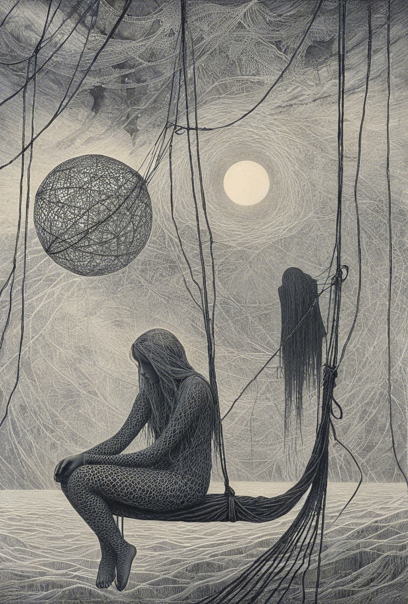 Surreal Artwork of Contemplative Figure on Swing
