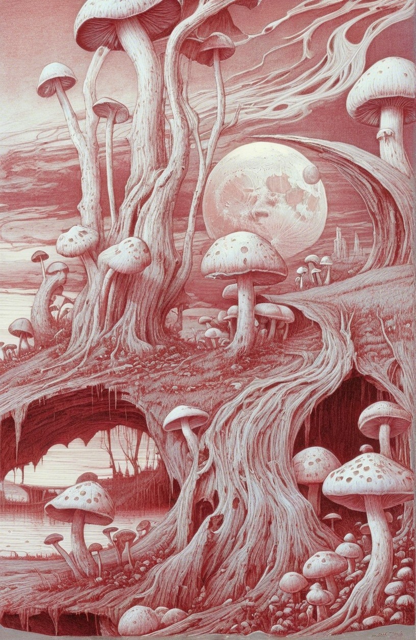 Surreal Landscape with Oversized Mushrooms and Moonlight