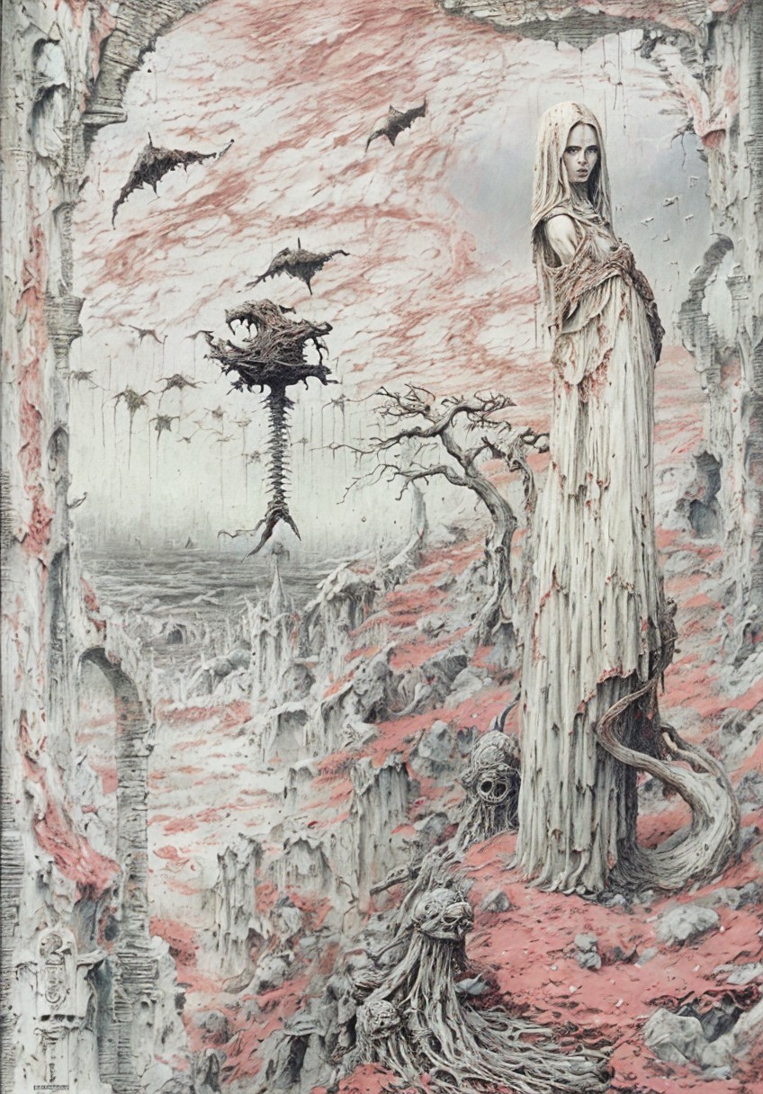 Surreal Landscape with Ethereal Figure and Eerie Elements