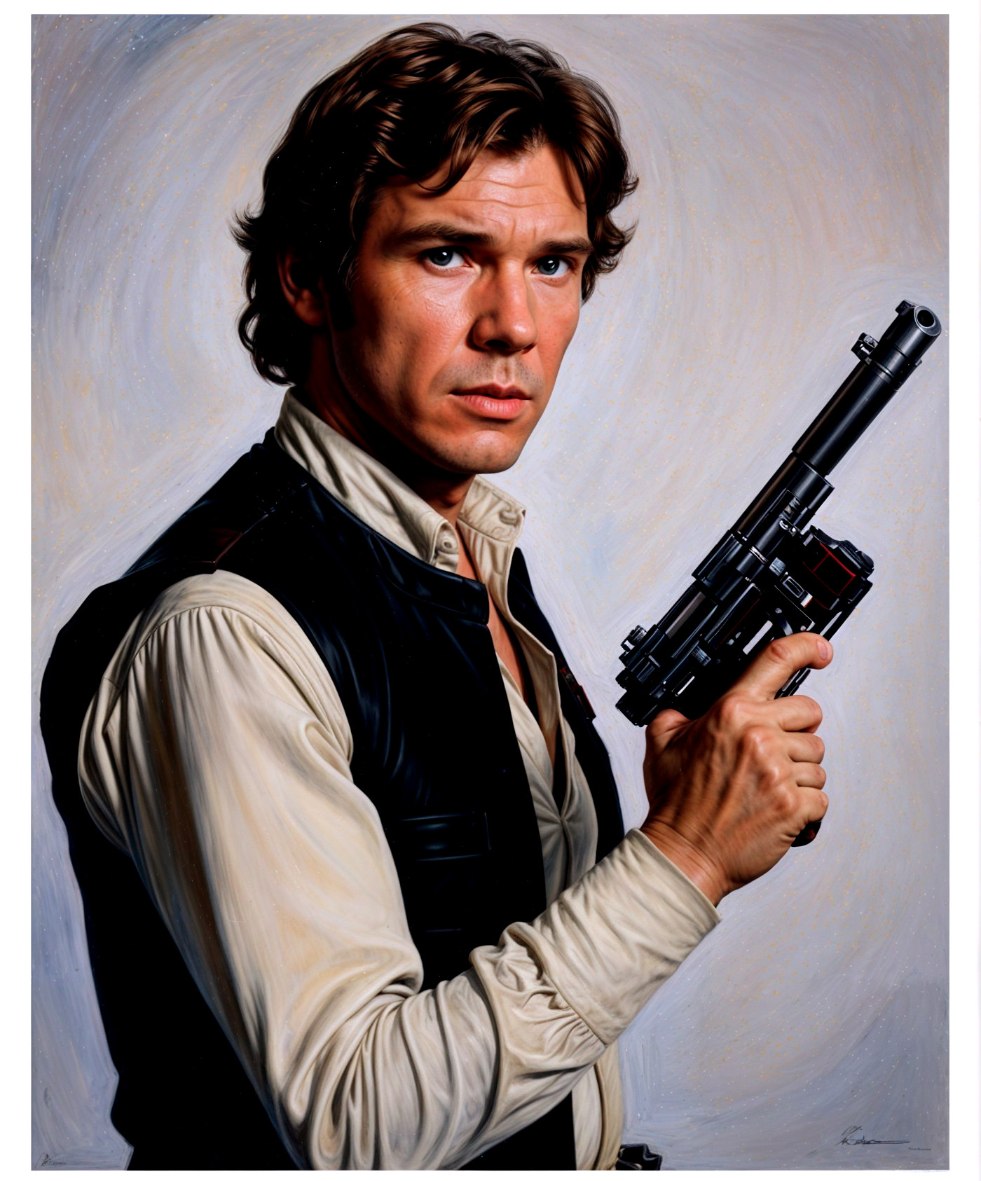 Character with Blaster in Rugged Outfit and Focused Gaze