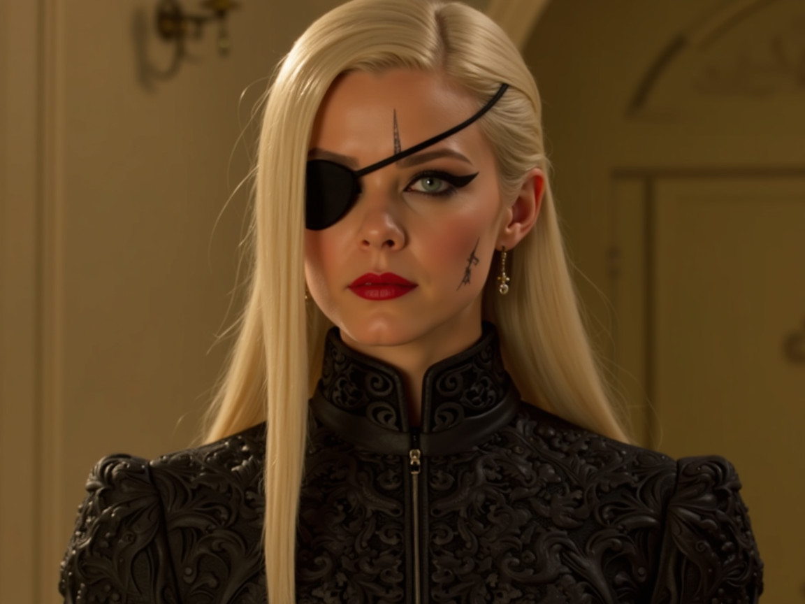 Elegant figure with platinum blonde hair and eyepatch