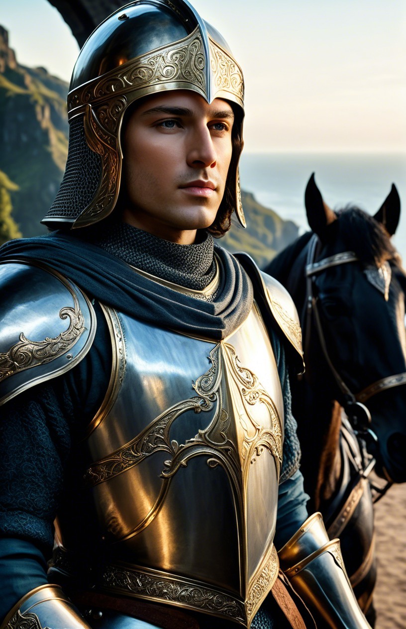 Young Knight by Majestic Coastline at Sunset