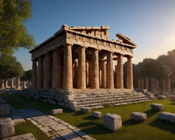 Ancient Greek temple with Doric columns in soft sunlight surrounded by ruins and greenery