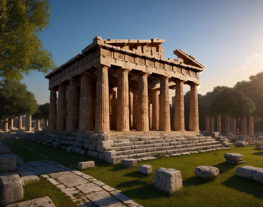 Ancient Greek temple with Doric columns in soft sunlight surrounded by ruins and greenery