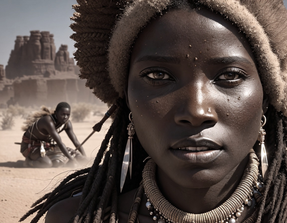 Woman with traditional adornments in desert setting with seated person.